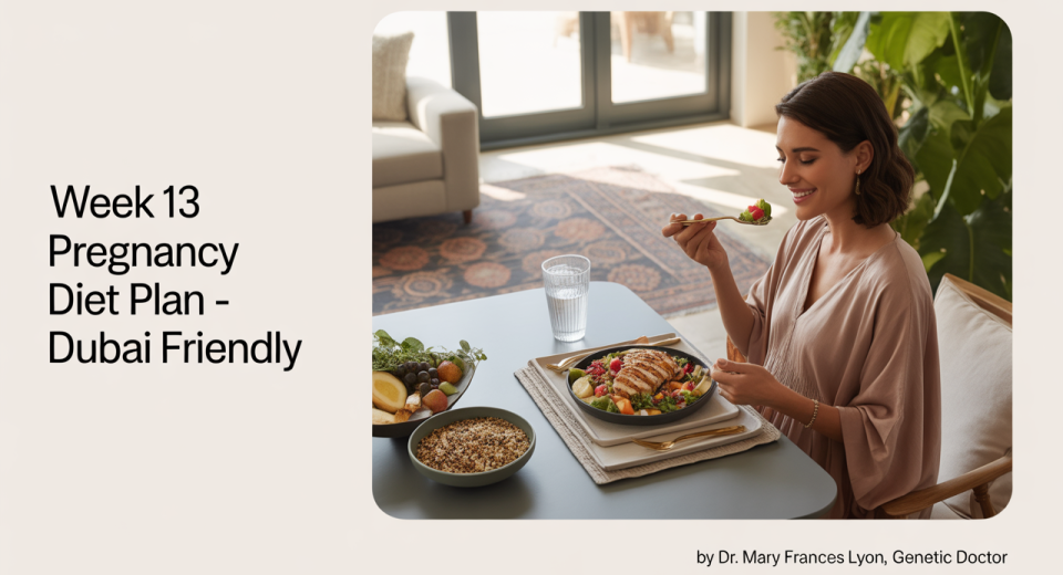 A health-conscious pregnant woman relaxes in a sunlit, modern Dubai apartment. She wears breathable cotton loungewear and sits at a dining table with a light meal: grilled chicken salad, a small bowl of sliced fruits, and a glass of coconut water. The apartment features minimalist décor with Arabic design elements, gold accents, and indoor plants. The setting is calm, fresh, and wellness-focused.