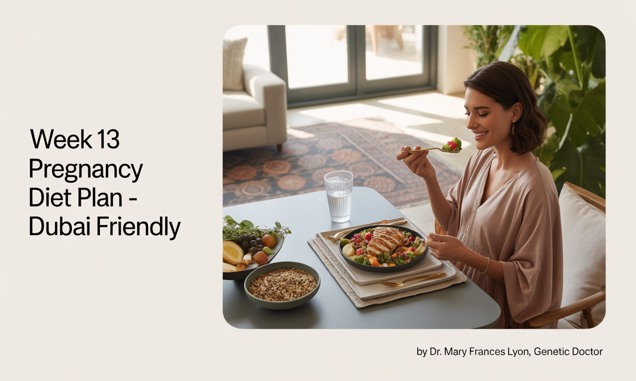 A health-conscious pregnant woman relaxes in a sunlit, modern Dubai apartment. She wears breathable cotton loungewear and sits at a dining table with a light meal: grilled chicken salad, a small bowl of sliced fruits, and a glass of coconut water. The apartment features minimalist décor with Arabic design elements, gold accents, and indoor plants. The setting is calm, fresh, and wellness-focused.