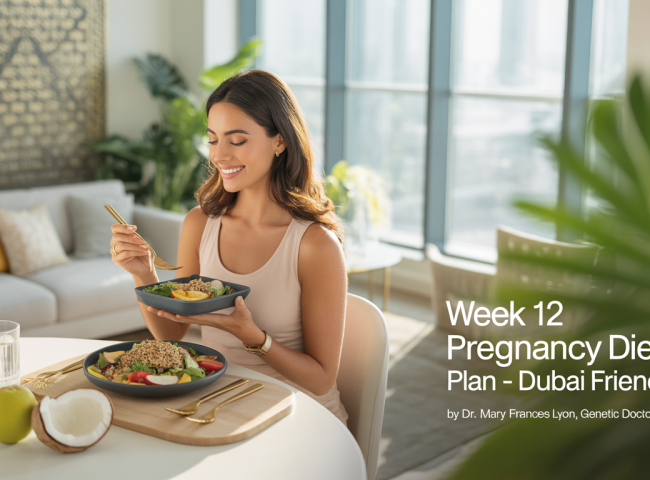 A health-conscious pregnant woman relaxes in a sunlit, modern Dubai apartment. She wears breathable cotton loungewear and sits at a dining table with a light meal: grilled chicken salad, a small bowl of sliced fruits, and a glass of coconut water. The apartment features minimalist décor with Arabic design elements, gold accents, and indoor plants. The setting is calm, fresh, and wellness-focused.