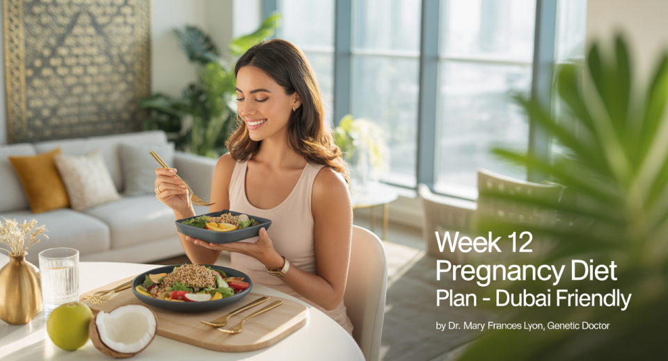 A health-conscious pregnant woman relaxes in a sunlit, modern Dubai apartment. She wears breathable cotton loungewear and sits at a dining table with a light meal: grilled chicken salad, a small bowl of sliced fruits, and a glass of coconut water. The apartment features minimalist décor with Arabic design elements, gold accents, and indoor plants. The setting is calm, fresh, and wellness-focused.