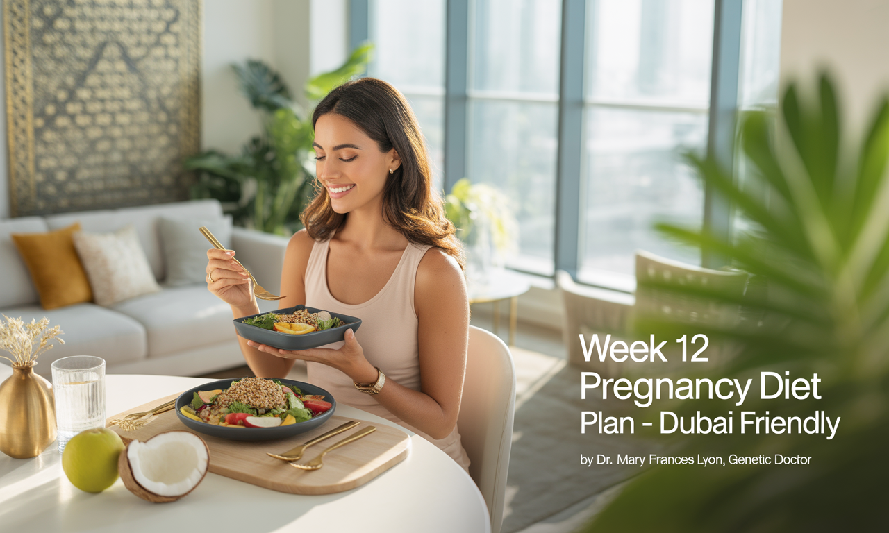 A health-conscious pregnant woman relaxes in a sunlit, modern Dubai apartment. She wears breathable cotton loungewear and sits at a dining table with a light meal: grilled chicken salad, a small bowl of sliced fruits, and a glass of coconut water. The apartment features minimalist décor with Arabic design elements, gold accents, and indoor plants. The setting is calm, fresh, and wellness-focused.