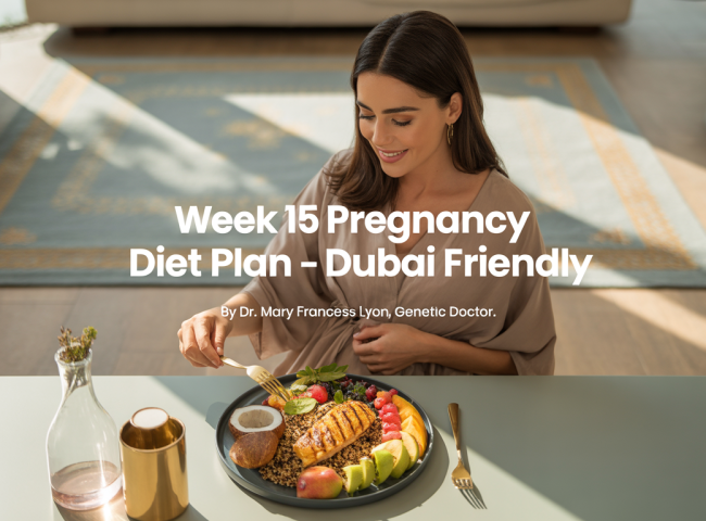 A health-conscious pregnant woman relaxes in a sunlit, modern Dubai apartment. She wears breathable cotton loungewear and sits at a dining table with a light meal: grilled chicken salad, a small bowl of sliced fruits, and a glass of coconut water. The apartment features minimalist décor with Arabic design elements, gold accents, and indoor plants. The setting is calm, fresh, and wellness-focused.