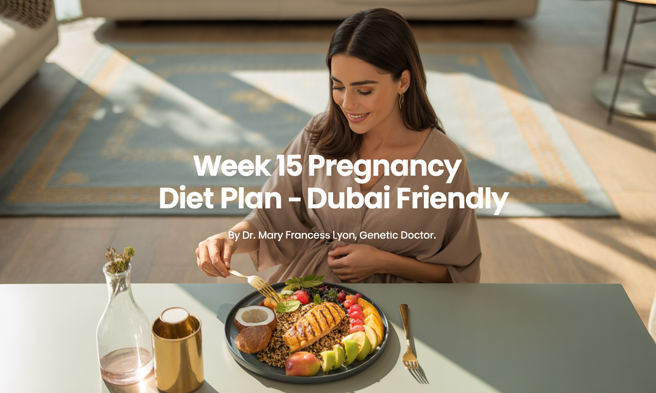 A health-conscious pregnant woman relaxes in a sunlit, modern Dubai apartment. She wears breathable cotton loungewear and sits at a dining table with a light meal: grilled chicken salad, a small bowl of sliced fruits, and a glass of coconut water. The apartment features minimalist décor with Arabic design elements, gold accents, and indoor plants. The setting is calm, fresh, and wellness-focused.