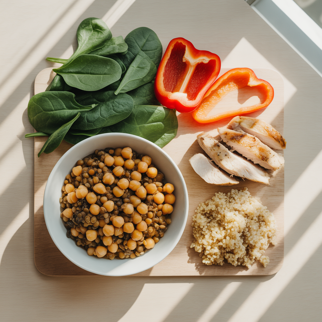 Flat lay of iron-rich foods including fresh spinach and kale leaves, a bowl of chickpeas and lentils, quinoa, grilled chicken and beef slices, alongside slices of orange and red bell pepper on a light surface with natural lighting.