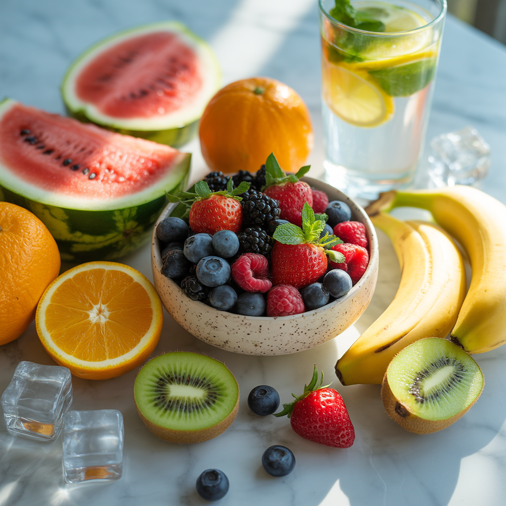 Flat lay of cooling fruits on a bright surface: juicy watermelon slices, whole and sliced oranges, a bowl of mixed berries, whole and peeled bananas, and sliced kiwi, with natural sunlight highlighting their fresh textures.
