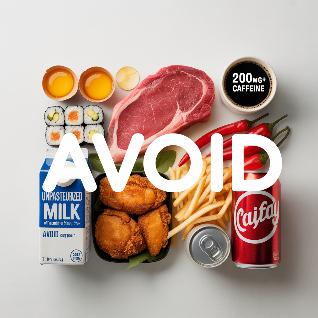 Flat lay of various foods to avoid during early pregnancy: raw steak, sushi, cracked raw eggs, unpasteurized milk carton, coffee cup labeled “200mg+ caffeine,” fried chicken, red chili peppers, and sugary sodas, all arranged on a neutral background with one large red avoid symbol over the image.
