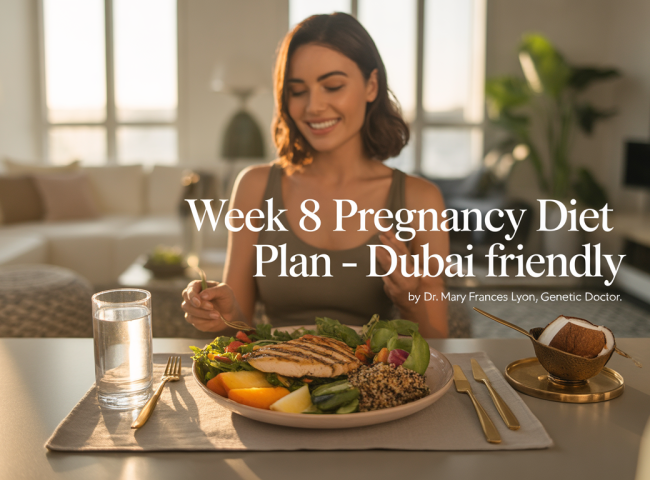 A health-conscious pregnant woman relaxes in a sunlit, modern Dubai apartment. She wears breathable cotton loungewear and sits at a dining table with a light meal: grilled chicken salad, a small bowl of sliced fruits, and a glass of coconut water. The apartment features minimalist décor with Arabic design elements, gold accents, and indoor plants. The setting is calm, fresh, and wellness-focused.
