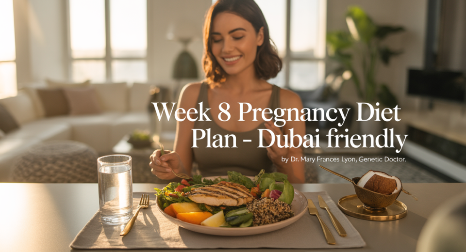 A health-conscious pregnant woman relaxes in a sunlit, modern Dubai apartment. She wears breathable cotton loungewear and sits at a dining table with a light meal: grilled chicken salad, a small bowl of sliced fruits, and a glass of coconut water. The apartment features minimalist décor with Arabic design elements, gold accents, and indoor plants. The setting is calm, fresh, and wellness-focused.