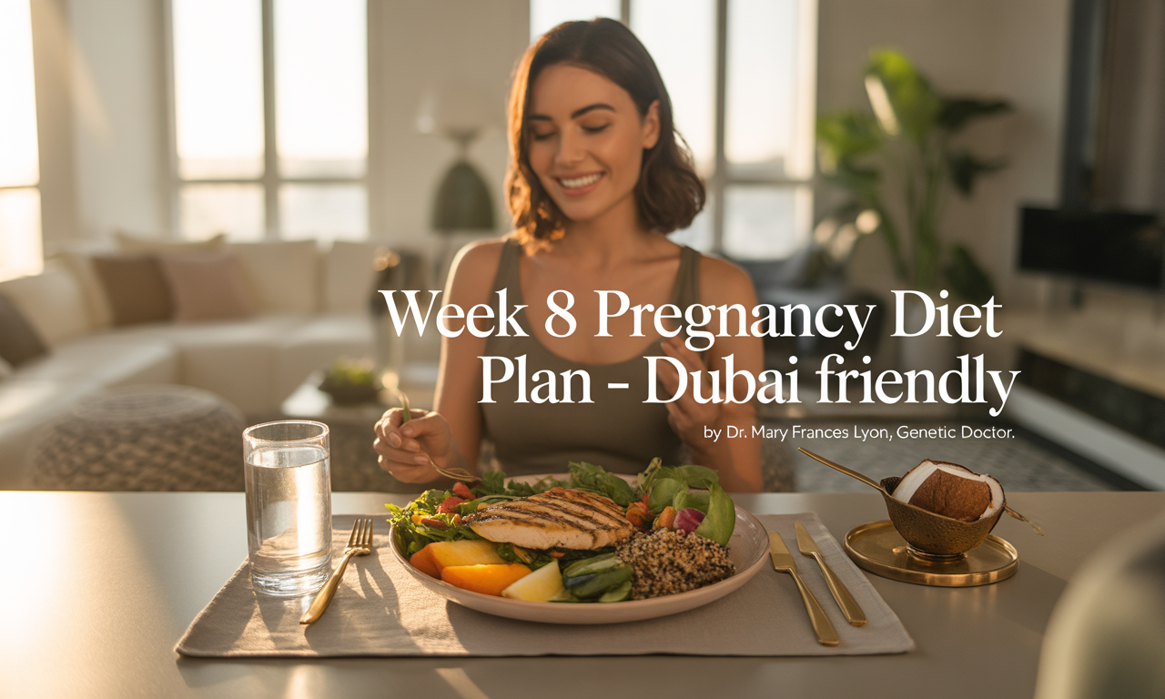 A health-conscious pregnant woman relaxes in a sunlit, modern Dubai apartment. She wears breathable cotton loungewear and sits at a dining table with a light meal: grilled chicken salad, a small bowl of sliced fruits, and a glass of coconut water. The apartment features minimalist décor with Arabic design elements, gold accents, and indoor plants. The setting is calm, fresh, and wellness-focused.