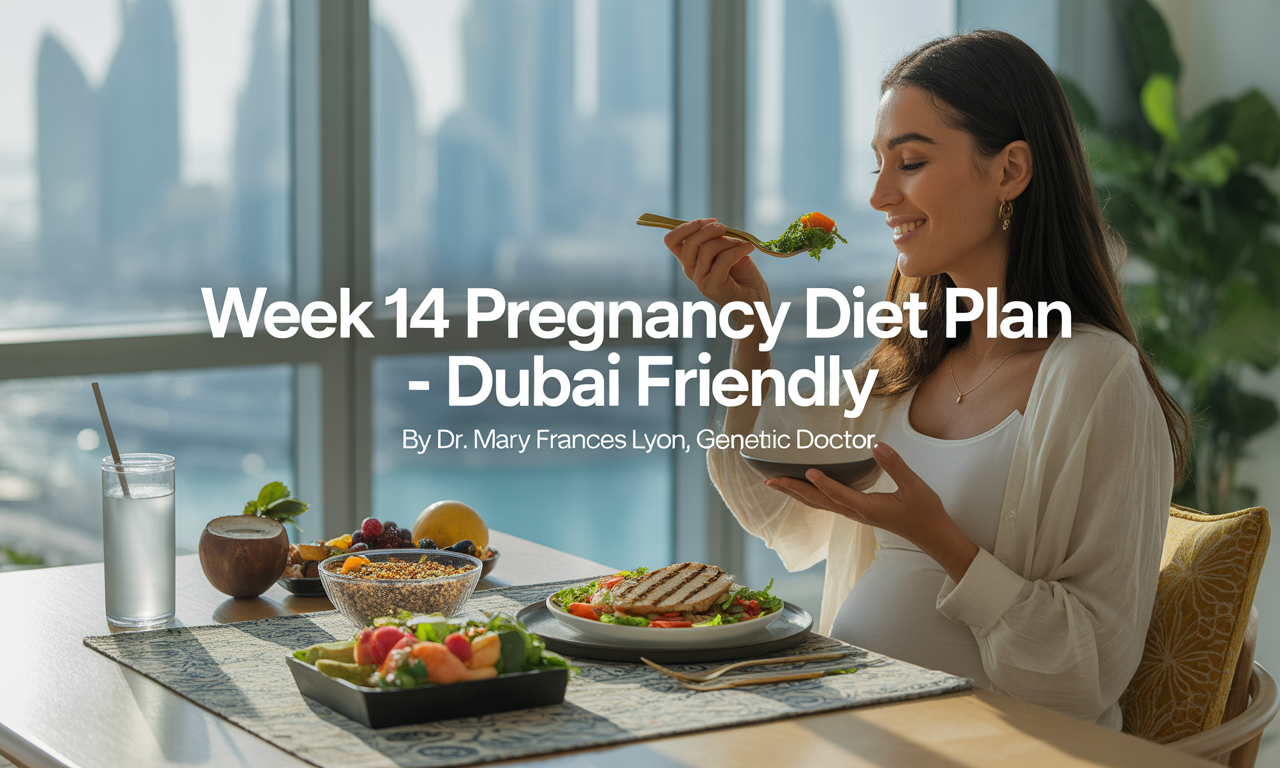 A health-conscious pregnant woman relaxes in a sunlit, modern Dubai apartment. She wears breathable cotton loungewear and sits at a dining table with a light meal: grilled chicken salad, a small bowl of sliced fruits, and a glass of coconut water. The apartment features minimalist décor with Arabic design elements, gold accents, and indoor plants. The setting is calm, fresh, and wellness-focused.