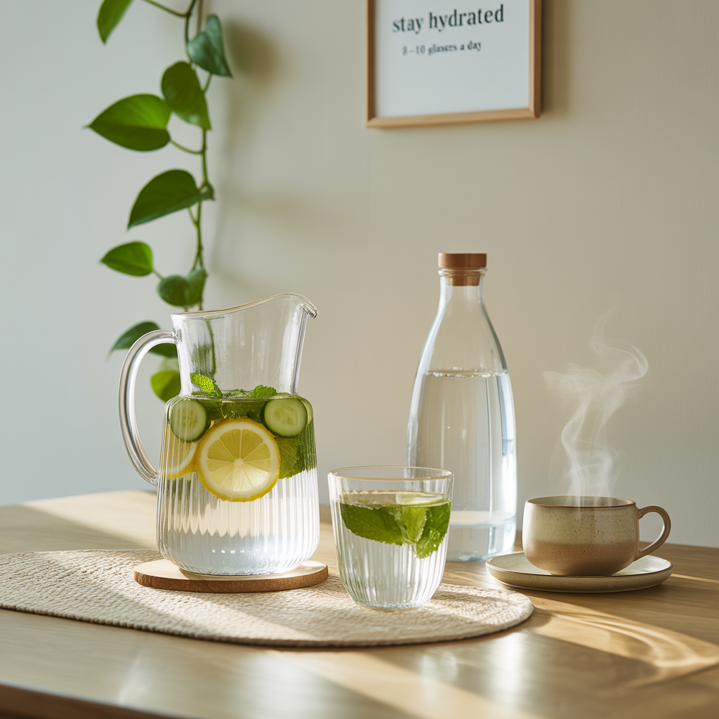 A modern kitchen table with a glass pitcher and cup of water infused with lemon, cucumber, and mint. Nearby are a bottle of natural coconut water and a steaming cup of ginger tea. The room is filled with natural light and decorated with green indoor plants, creating a fresh and calming atmosphere focused on healthy hydration.