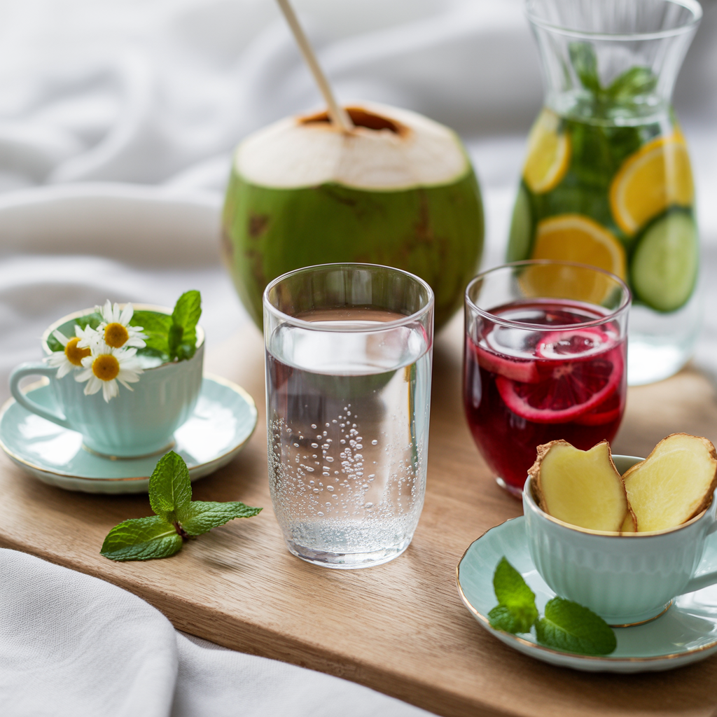 Flat lay of various hydrating drinks for pregnancy: a glass of water with condensation, fresh coconut with a straw, infused water with lemon, mint, and cucumber in a carafe, glasses of orange juice and pomegranate juice, and two cups of herbal tea—chamomile with flowers and ginger with steam—on a light surface with soft natural lighting and greenery.