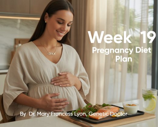 Pregnant woman in Dubai enjoying a balanced Week 19 diet with salmon, chia seeds, yogurt, leafy greens, and infused lemon water.