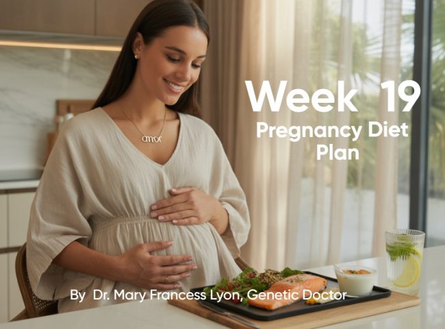 Pregnant woman in Dubai enjoying a balanced Week 19 diet with salmon, chia seeds, yogurt, leafy greens, and infused lemon water.