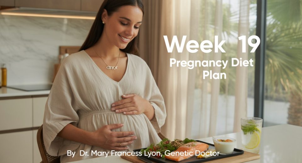 Pregnant woman in Dubai enjoying a balanced Week 19 diet with salmon, chia seeds, yogurt, leafy greens, and infused lemon water.