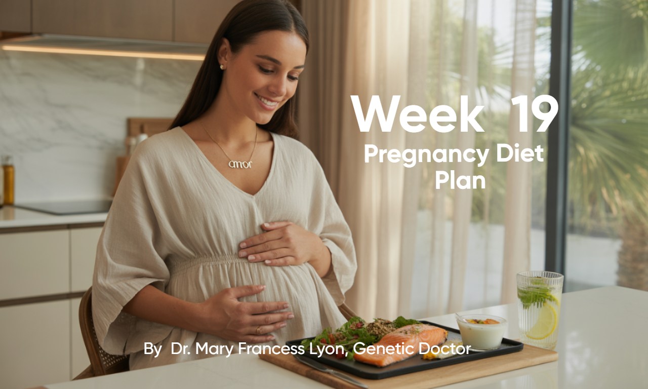 Pregnant woman in Dubai enjoying a balanced Week 19 diet with salmon, chia seeds, yogurt, leafy greens, and infused lemon water.